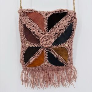 Vintage 70’s Boho Crochet Macrame Suede Leather Fringe Patchwork Crossbody Bag